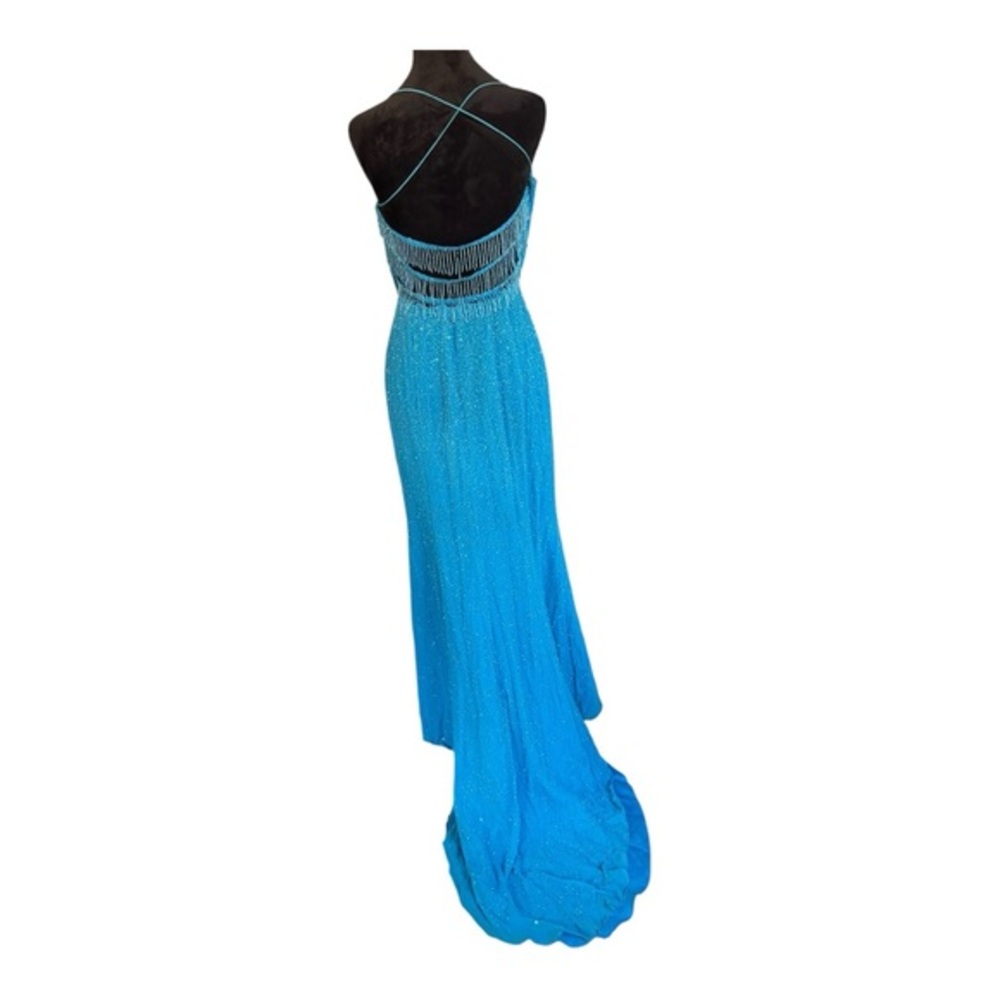 VTG Alyce Designs Teal Blue Silk Beaded Open Back/tasseled Gown/ small train 12